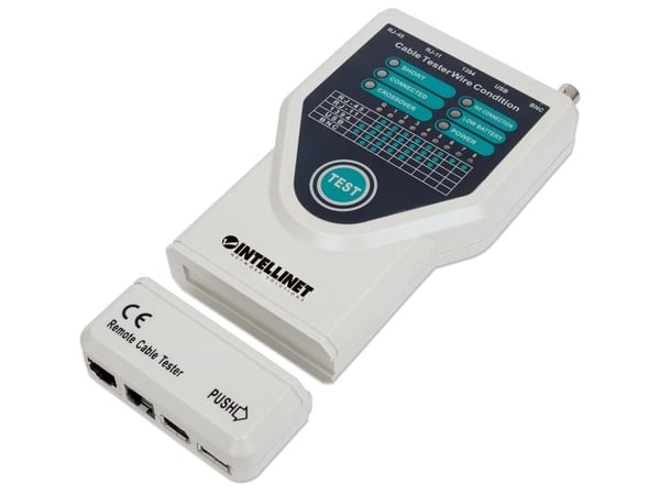 Intellinet 780094, UTP/STP-kaapelitestaaja, BNC, IEEE-1394, RJ-11, RJ-45, USB, Oikosulkutestaus, Lähetystestaus, LED, Harmaa, 31 mm