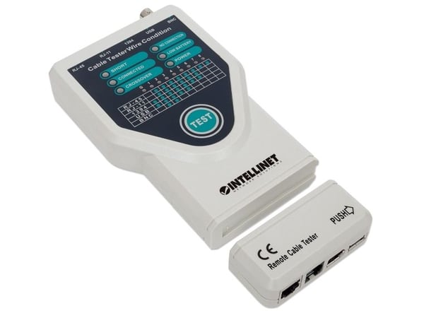 Intellinet 780094, UTP/STP-kaapelitestaaja, BNC, IEEE-1394, RJ-11, RJ-45, USB, Oikosulkutestaus, Lähetystestaus, LED, Harmaa, 31 mm