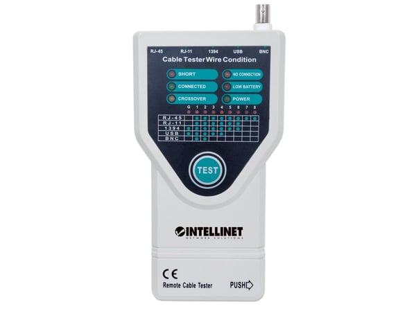 Intellinet 780094, UTP/STP-kaapelitestaaja, BNC, IEEE-1394, RJ-11, RJ-45, USB, Oikosulkutestaus, Lähetystestaus, LED, Harmaa, 31 mm