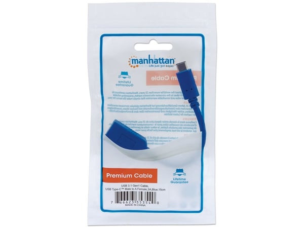 Manhattan 353540, 0,15 m, USB C, USB A, USB 3.2 Gen 1 (3.1 Gen 1), Hankjønn/hunkjønn, Blå
