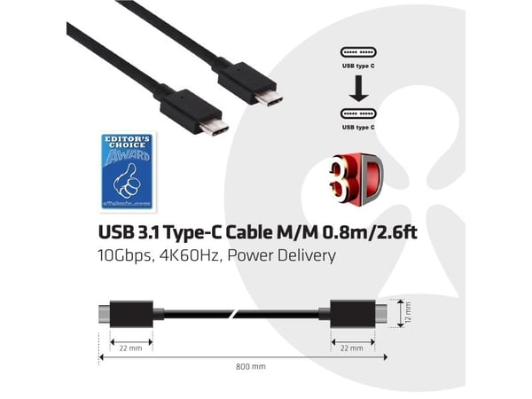 Club 3D CAC-1522 - USB-kabel - USB-C (hann) til USB-C (hann) - USB 3.1 Gen 2 - 80 cm - reversibel C-kontakt