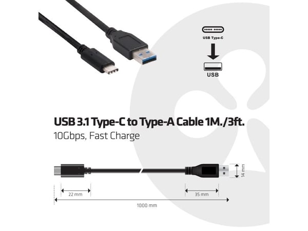 Club 3D - USB-kaapeli - USB-C (han) til USB (han) - USB 3.1 Gen 2 - 3 A - 1 m - omavendelig C-stikforbindelse