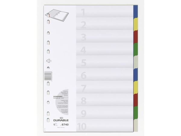 Durable 6740, Blank faneindeks, Polypropylen (PP), Flerfarget, Portrett, A4, 220 mm