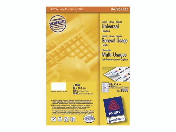 Avery - Hvit - 38.1 x 21.2 mm 6500 etikett(er) (100 ark x 65) flerbruks merkelapper