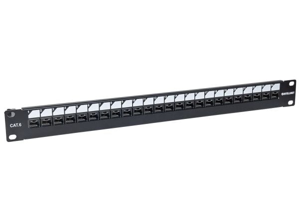 Intellinet 720564, IEEE 802.3, IEEE 802.3ab, IEEE 802.3an, IEEE 802.3u, RJ-45, Gull, U/UTP (UTP), Sort, Rackmontering