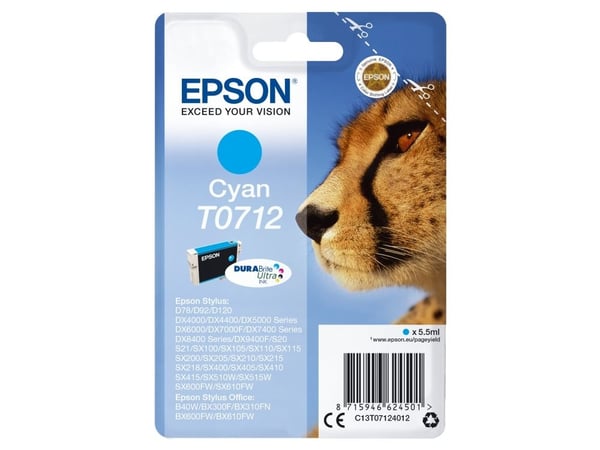 Epson T0712 - 5.5 ml - cyan - original - blekkpatron - for Stylus DX9400, SX115, SX210, SX215, SX218, SX415, SX515, SX610; Stylus Office BX310, BX610
