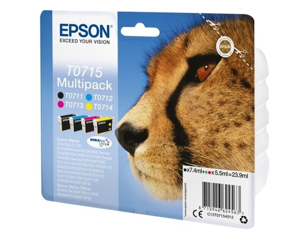 Epson Monipakkaus, 4 väriä T0715 DURABrite Ultra -muste, Perusvärintuotto, Musta, Syaani, Magenta, Keltainen, 7,4 ml, 5,5 ml, 1 kpl, Monipakkaus