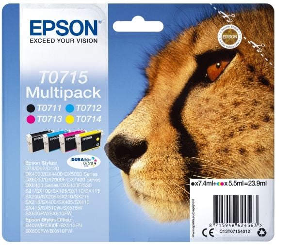 Epson T0715 Multipack - 4-pack - 23.9 ml - svart, gul, cyan, magenta - original - blære med RF/lyd-alarm - blekkpatron - for Stylus DX9400, SX115, ...