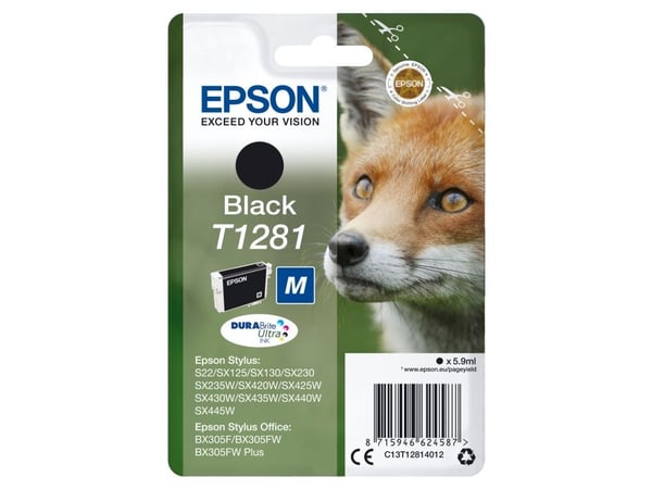 Epson T1281 - M-størrelse - svart - original - blære med RF/lyd-alarm - blekkpatron - for Stylus S22, SX230, SX235, SX420, SX430, SX435, SX438, SX4...