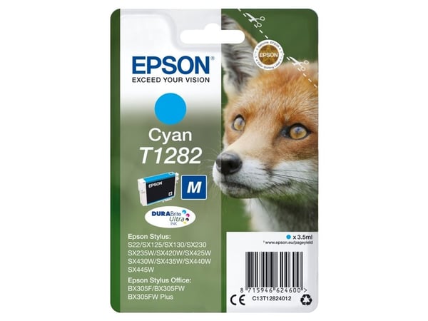 Epson Fox T1282 Kettu DURABrite Ultra, yksittäispakkaus, syaani muste, Syaani, 3,5 ml, 1 kpl, 260 sivua, Kertapakkaus
