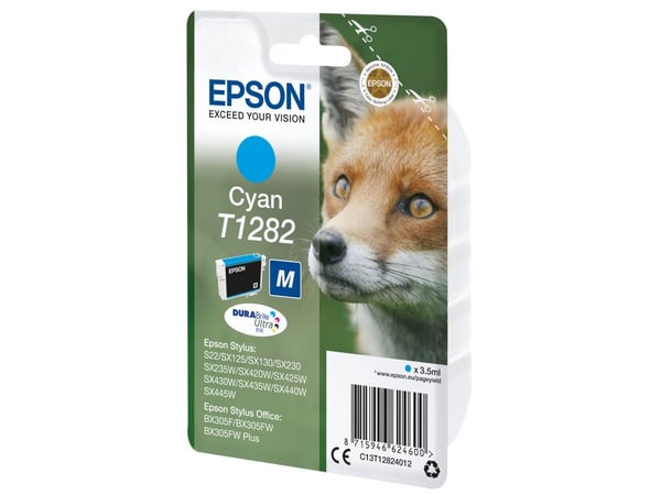 Epson Fox T1282 Kettu DURABrite Ultra, yksittäispakkaus, syaani muste, Syaani, 3,5 ml, 1 kpl, 260 sivua, Kertapakkaus