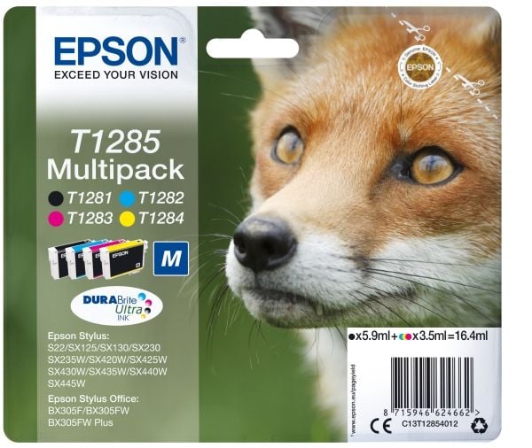 Epson T1285 Multipack - 4-pack - svart, gul, cyan, magenta - original - blære med RF/lyd-alarm - blekkpatron (alternativ for: Epson T1285) - for St...