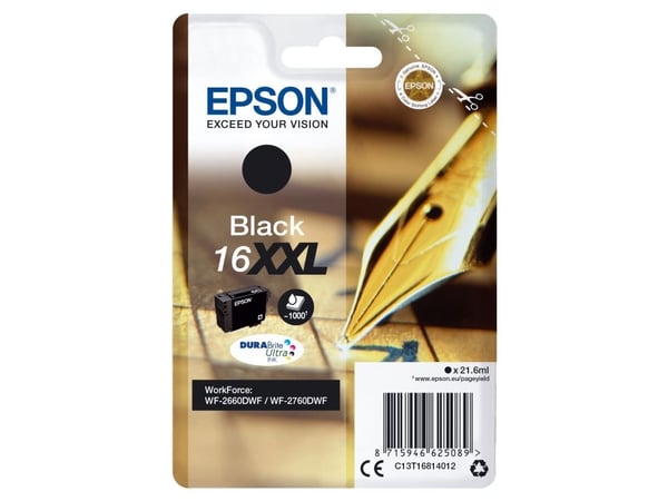 Epson Singlepack Black 16XXL DURABrite Ultra Ink, Erittäin (Super) korkea värintuotto, Väriainepohjainen muste, 21,6 ml, 1000 sivua, 1 kpl