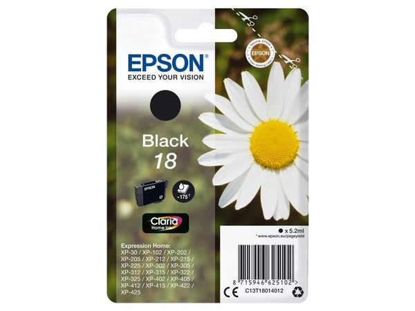 Epson 18 - 5.2 ml - svart - original - blekkpatron - for Expression Home XP-212, 215, 225, 312, 315, 322, 325, 412, 415, 422, 425