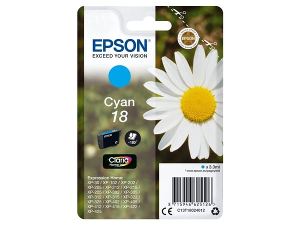 Epson 18 - 3.3 ml - cyan - original - blekkpatron - for Expression Home XP-212, 215, 225, 312, 315, 322, 325, 412, 415, 422, 425