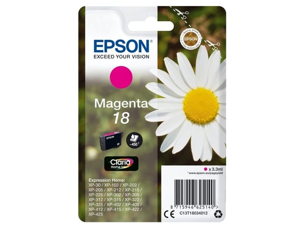 Epson 18 - 3.3 ml - magenta - original - blekkpatron - for Expression Home XP-212, 215, 225, 312, 315, 322, 325, 412, 415, 422, 425