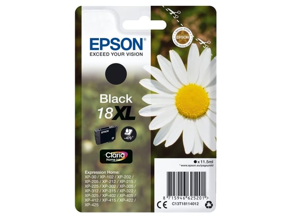 Epson 18XL - 11.5 ml - XL - svart - original - blekkpatron - for Expression Home XP-212, 215, 225, 312, 315, 322, 325, 412, 415, 422, 425