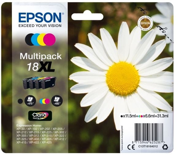 Epson Daisy Monipakkaus, 4 väriä 18XL Claria Home -muste, Korkea (XL) värintuotto, 11,5 ml, 6,6 ml, 470 sivua, 1 kpl, Monipakkaus