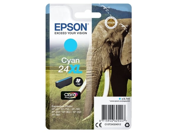 Epson 24XL - 8.7 ml - XL - cyan - original - blekkpatron - for Expression Photo XP-55, 750, 760, 850, 860, 950, 960, 970; Expression Premium XP-750...