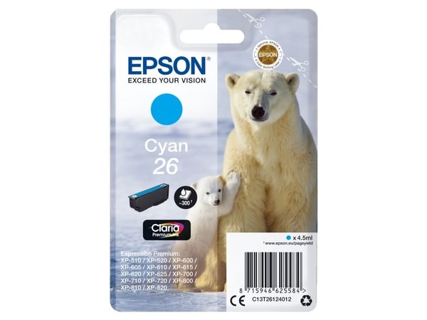 Epson Polar bear Yksittäispakkaus, syaani 26 Claria Premium -muste, Perusvärintuotto, 4,5 ml, 300 sivua, 1 kpl