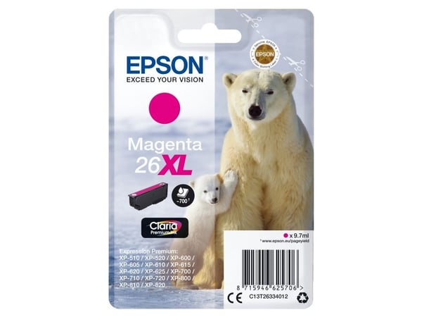 Epson Polar bear Yksittäispakkaus, magenta 26XL Claria Premium -muste, Korkea (XL) värintuotto, Väriainepohjainen muste, 9,7 ml, 700 sivua, 1 kpl