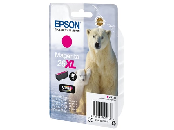 Epson Polar bear Yksittäispakkaus, magenta 26XL Claria Premium -muste, Korkea (XL) värintuotto, Väriainepohjainen muste, 9,7 ml, 700 sivua, 1 kpl