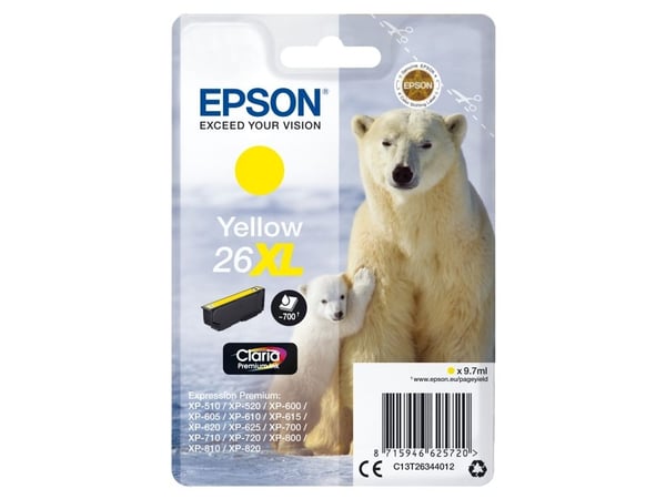 Epson Polar bear Yksittäispakkaus, keltainen 26XL Claria Premium -muste, Korkea (XL) värintuotto, Väriainepohjainen muste, 9,7 ml, 700 sivua, 1 kpl
