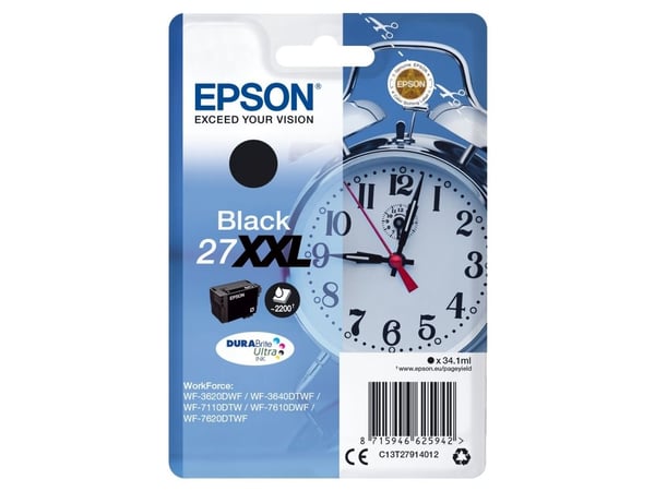 Epson 27XXL - 34.1 ml - XL - svart - original - blære med RF/lyd-alarm - blekkpatron - for WorkForce WF-3620, WF-3640, WF-7110, WF-7610, WF-7620, W...