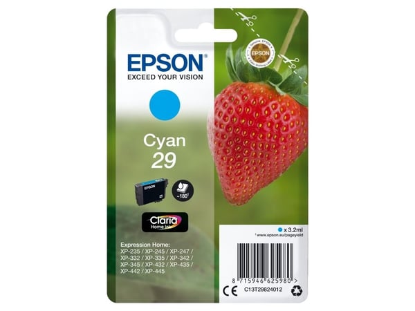 Epson Strawberry Singlepack Cyan 29 Claria Home Ink, Perusvärintuotto, Syaani, 3,2 ml, 1 kpl, 180 sivua