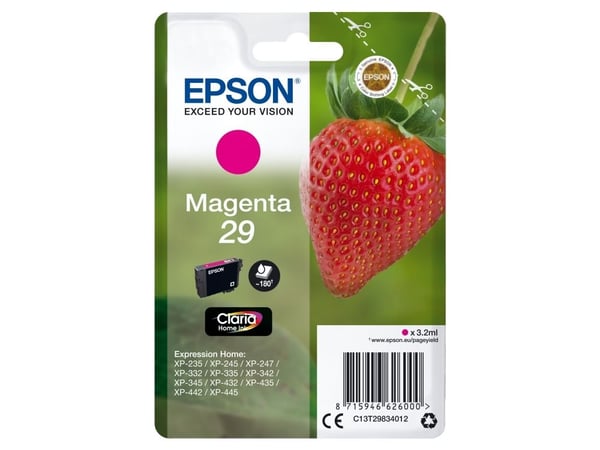 Epson Strawberry Singlepack Magenta 29 Claria Home Ink, Perusvärintuotto, Magenta, Väriainepohjainen muste, 3,2 ml, 1 kpl, 180 sivua