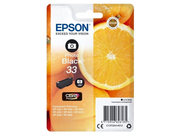 Epson Oranges 33 Appelsiinit Claria Premium, yksittäispakkaus, valokuvamusta muste, Perusvärintuotto, Musta, Väripohjainen muste, 4,5 ml, 1 kpl, 20...