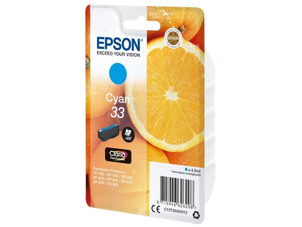 Epson Oranges Singlepack Cyan 33 Claria Premium Ink, Perusvärintuotto, Syaani, 4,5 ml, 1 kpl, 300 sivua