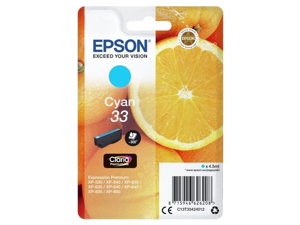 Epson Oranges Singlepack Cyan 33 Claria Premium Ink, Perusvärintuotto, Syaani, 4,5 ml, 1 kpl, 300 sivua