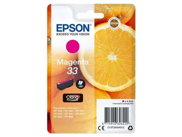 Epson Oranges Singlepack Magenta 33 Claria Premium Ink, Perusvärintuotto, Väriainepohjainen muste, 4,5 ml, 300 sivua, 1 kpl