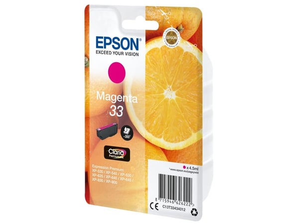Epson Oranges Singlepack Magenta 33 Claria Premium Ink, Perusvärintuotto, Väriainepohjainen muste, 4,5 ml, 300 sivua, 1 kpl