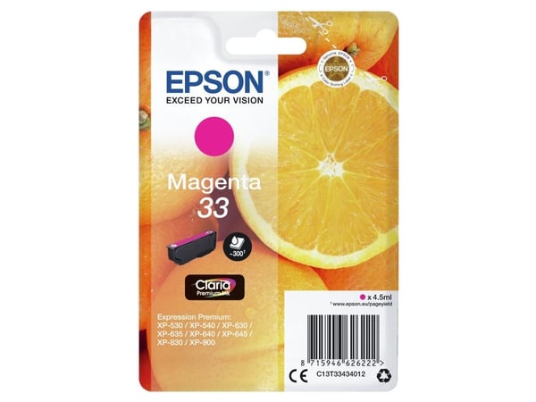 Epson Oranges Singlepack Magenta 33 Claria Premium Ink, Perusvärintuotto, Väriainepohjainen muste, 4,5 ml, 300 sivua, 1 kpl