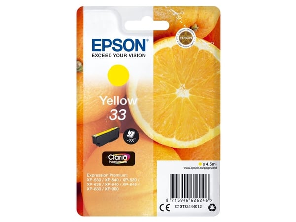 Epson Oranges Singlepack Yellow 33 Claria Premium Ink, Perusvärintuotto, Keltainen, Väriainepohjainen muste, 4,5 ml, 1 kpl, 300 sivua