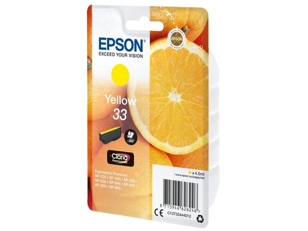 Epson Oranges Singlepack Yellow 33 Claria Premium Ink, Perusvärintuotto, Keltainen, Väriainepohjainen muste, 4,5 ml, 1 kpl, 300 sivua