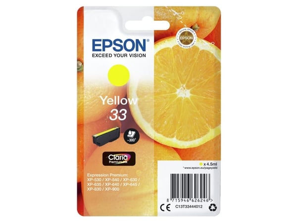 Epson Oranges Singlepack Yellow 33 Claria Premium Ink, Perusvärintuotto, Keltainen, Väriainepohjainen muste, 4,5 ml, 1 kpl, 300 sivua