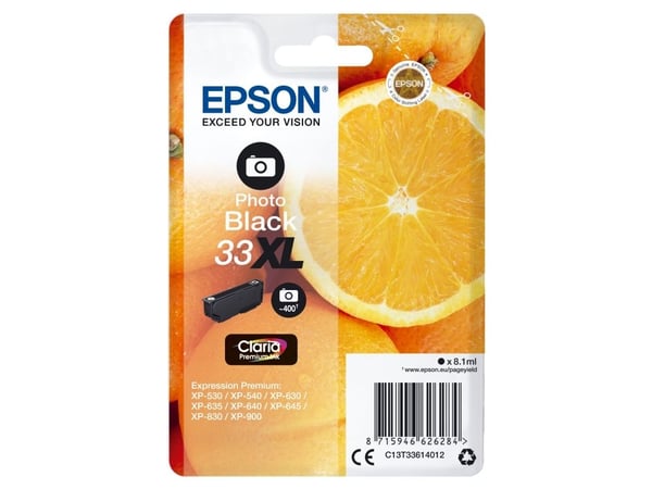 Epson Oranges Singlepack Photo Black 33XL Claria Premium Ink, Korkea (XL) värintuotto, Väripohjainen muste, 8,1 ml, 650 sivua, 1 kpl