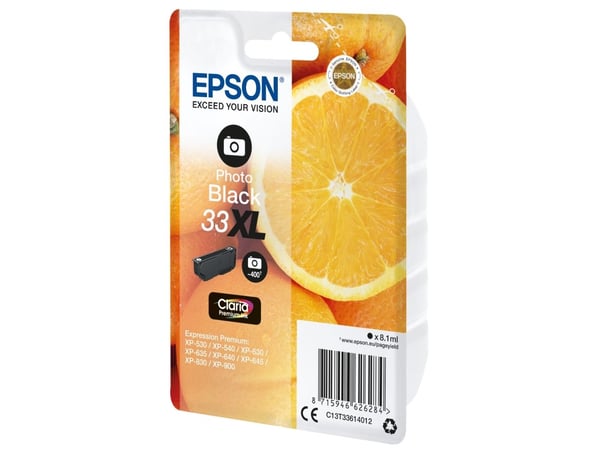 Epson Oranges Singlepack Photo Black 33XL Claria Premium Ink, Korkea (XL) värintuotto, Väripohjainen muste, 8,1 ml, 650 sivua, 1 kpl