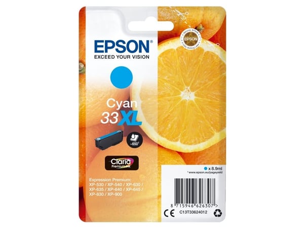 Epson 33XL - 8,9 ml - XL - syaani - alkuperäinen - läpipainopakkaus - värikasetti - Expression Home XP-635, 830; Expression Premium XP-530, 540, 63...