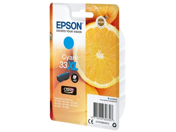 Epson 33XL - 8,9 ml - XL - syaani - alkuperäinen - läpipainopakkaus - värikasetti - Expression Home XP-635, 830; Expression Premium XP-530, 540, 63...