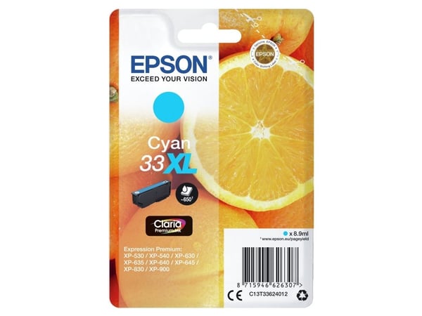 Epson 33XL - 8,9 ml - XL - syaani - alkuperäinen - läpipainopakkaus - värikasetti - Expression Home XP-635, 830; Expression Premium XP-530, 540, 63...