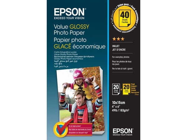 Epson Value Photo Paper Glossy - Blank - 100 x 150 mm 20 ark fotopapir (en pakke 2) - for Expression Home HD XP-15000; Expression Premium XP-900, X...