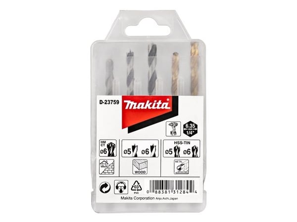 Makita D-23759, Poranteräsetti, Oikeanpuoleinen kierto, Tiili, Metalli, Puu, Titaanipäällysteinen pikateräs (HSS-TiN), 5 kpl