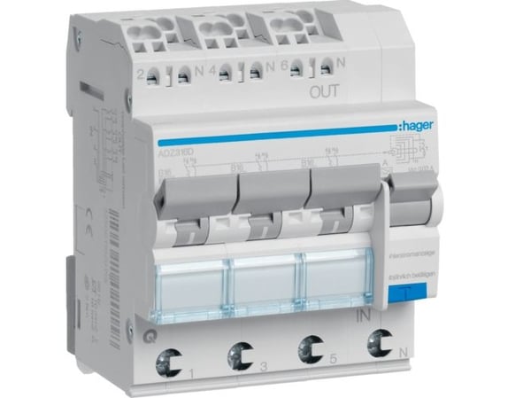 Hager ADZ316D, Reststrøm enhed, tyyppi A, 6000 A, 230 V
