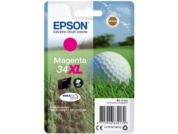 Epson Golf ball Singlepack Magenta 34XL DURABrite Ultra Ink, Korkea (XL) värintuotto, Väriainepohjainen muste, 10,8 ml, 950 sivua, 1 kpl
