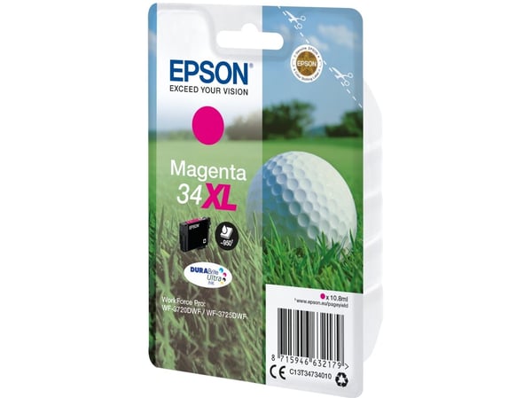 Epson Golf ball Singlepack Magenta 34XL DURABrite Ultra Ink, Korkea (XL) värintuotto, Väriainepohjainen muste, 10,8 ml, 950 sivua, 1 kpl