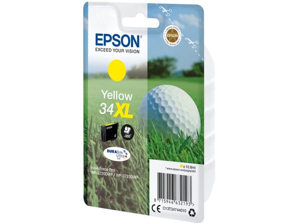 Epson Golf ball Singlepack Yellow 34XL DURABrite Ultra Ink, Korkea (XL) värintuotto, Väriainepohjainen muste, 10,8 ml, 950 sivua, 1 kpl